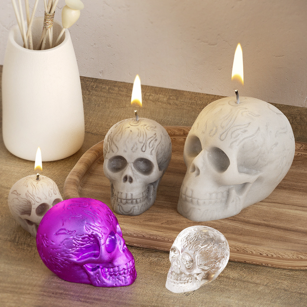Soap Making Gifts - แม่พิมพ์ซิลิโคนหัวกะโหลกหลายขนาด 3D รูปแบบเปลวไฟหัวกะโหลกแม่พิมพ์สำหรับสบู่เรซิ่นปูนปลาสเตอร์ทำครอบครัวปาร์ตี้ตกแต่งของขวัญ